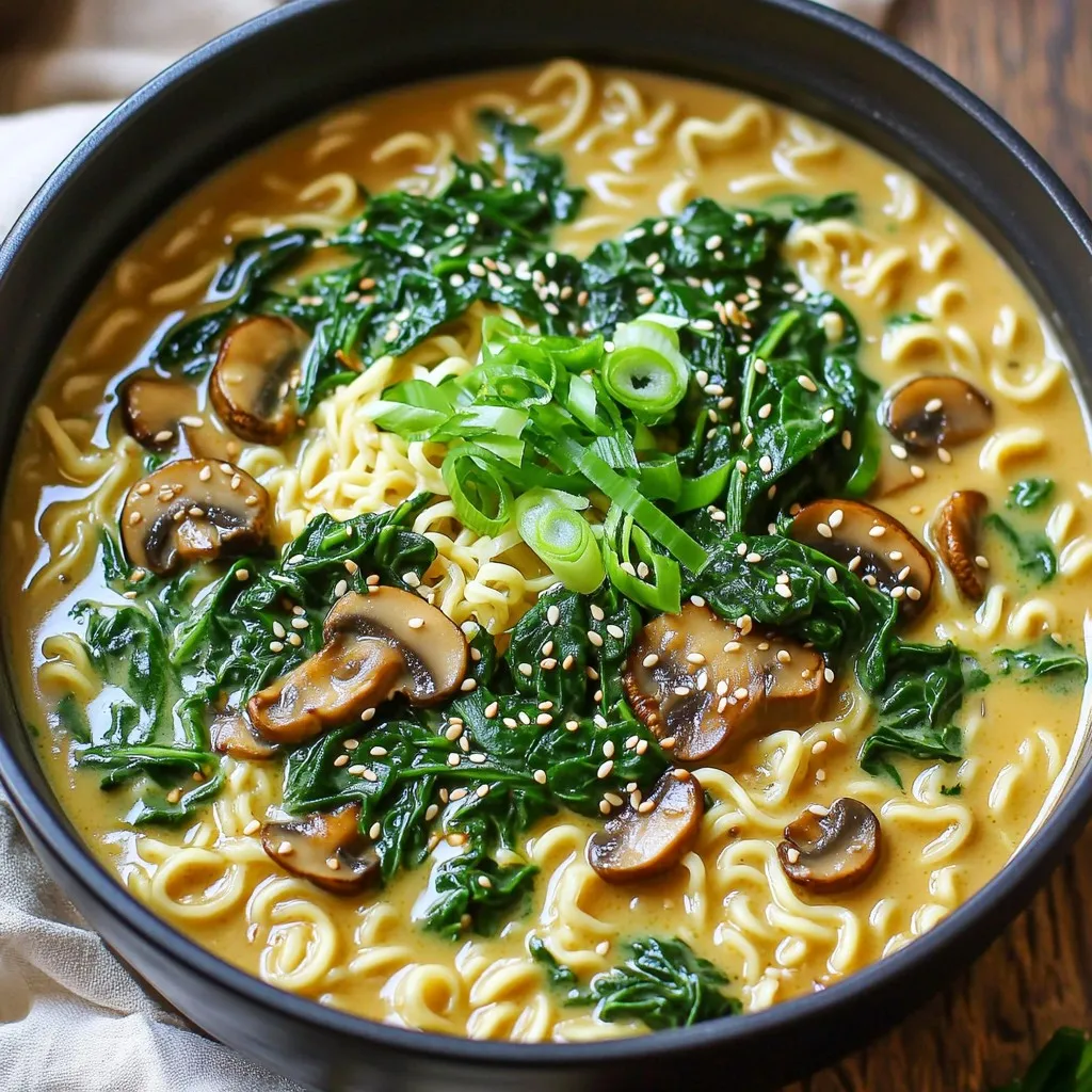 One Pot Creamy Spinach Mushroom Ramen Delight